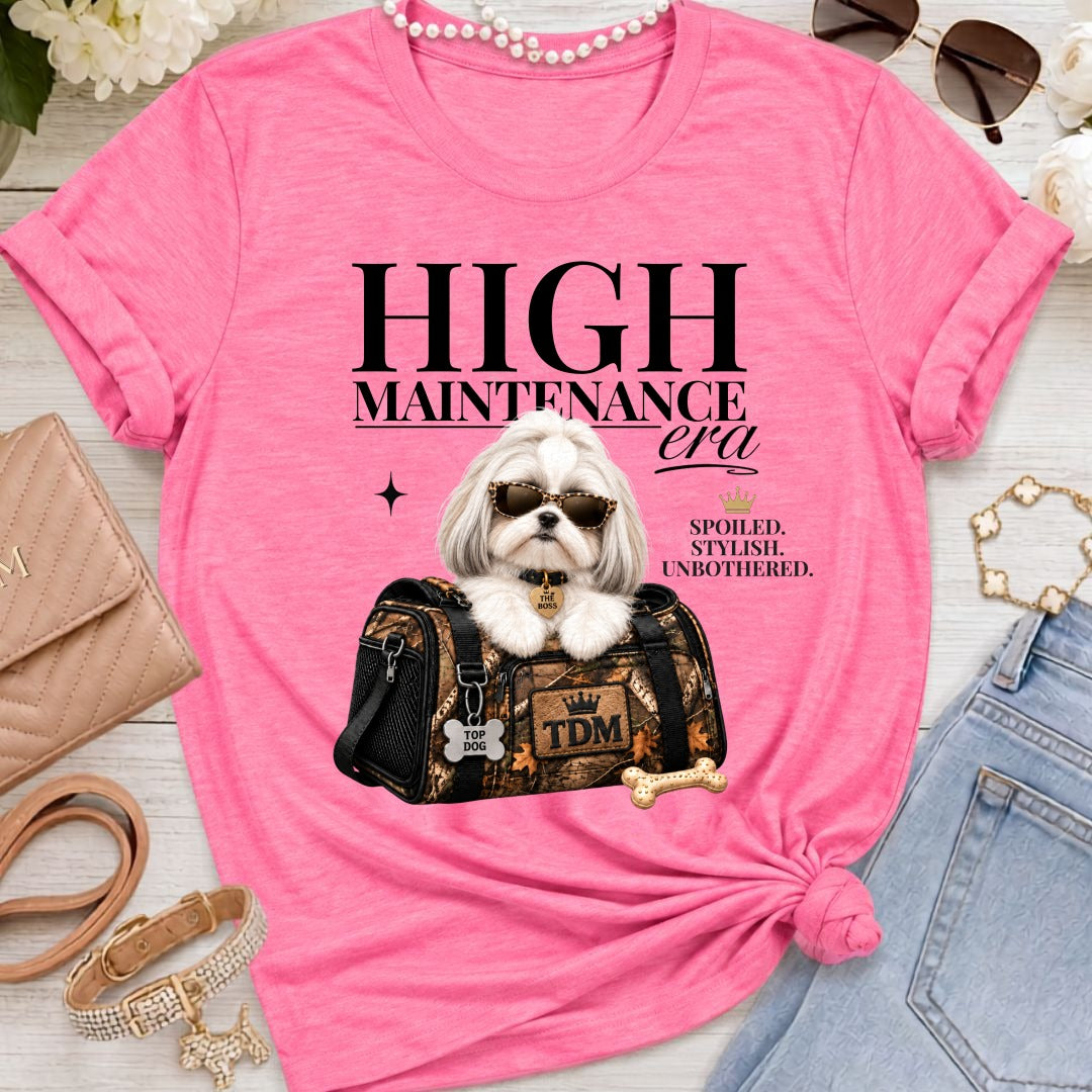 Shih Tzu White | High Maintenance Camo T-Shirt - Heather Charity Pink