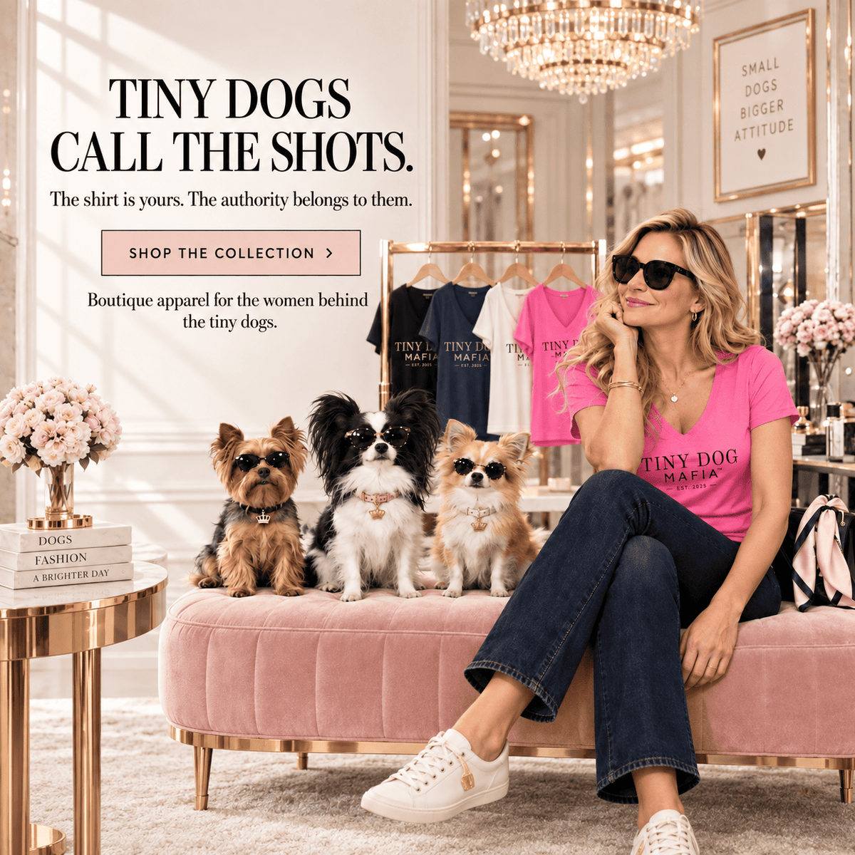 A woman wearing a pink TINY DOG MARIA graphic T-shirt and jeans sits on a pink bench with three small dogs in a luxurious boutique setting. Text on the left reads 'TINY DOGS CALL THE SHOTS.